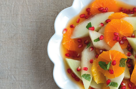 This deliciously wholesome fruit salad with juicy honeydew melon, tangerines and pomegranates is a simple healthy eating recipe, which takes just 10 minutes to make. Enjoy it as a light dessert or try some in the morning for a quick and healthy breakfast
